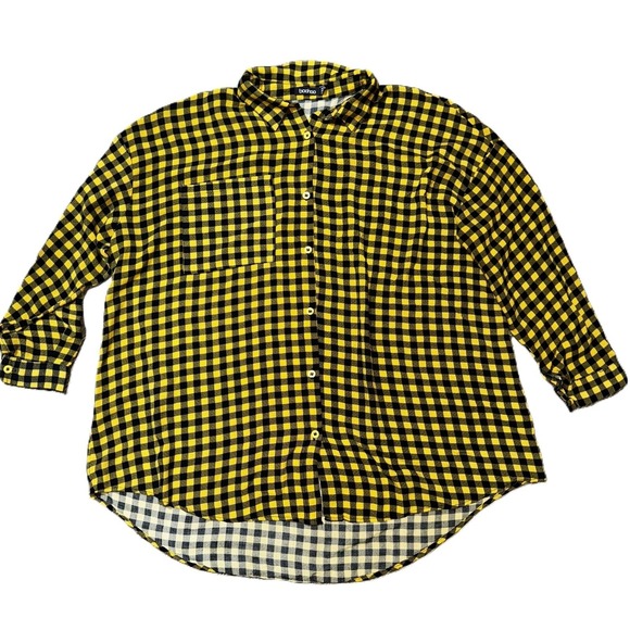 Small Boohoo Oversized Gingham Black Yellow Plaid Long Sleeve Button Down Shirt - Picture 4 of 4